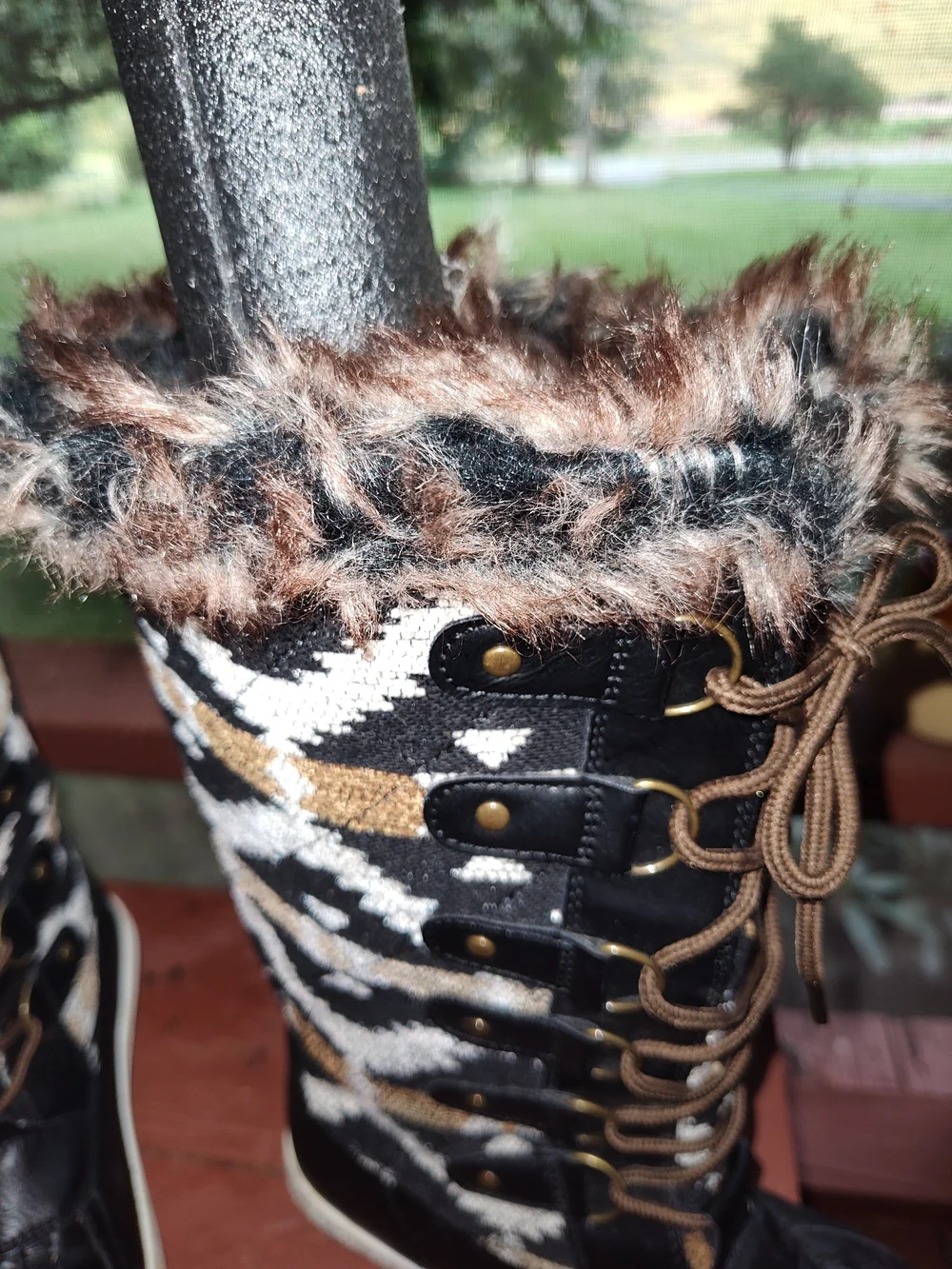 Black and Tan Geometric Patterned Faux-Fur Winter Boots